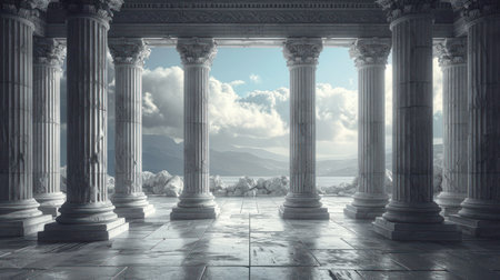Ancient columns in front of a snowy landscape. 3D rendering.の素材
