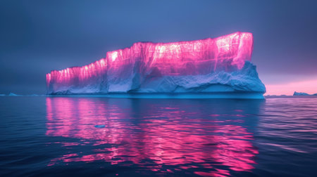 a large iceberg in the middle of a body of water with a pink light reflecting off of it&#39;s side and a pink light reflecting off of the water. .の素材