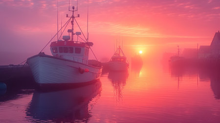 Fishing boats in the harbor at sunrise, Holland, Netherlands.の素材