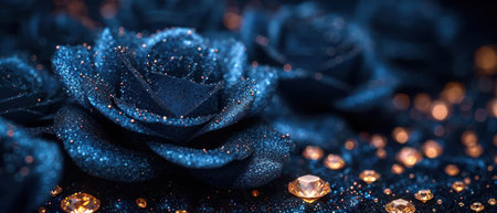 Beautiful blue rose on a dark blue background with sparkles.の素材