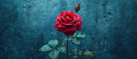 Beautiful red rose with water drops on a dark blue background.の素材