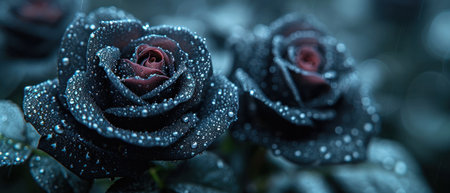 Beautiful dark black roses with dew drops close-up.の素材