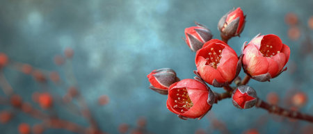 Branch with red flowers on a blue background. Floral banner.の素材