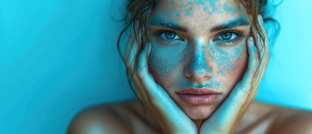 Portrait of a beautiful young woman with blue facial mask on her face.の素材