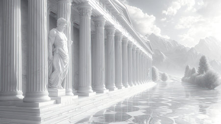 a black and white photo of a building with columns and a statue next to a body of water in front of a mountain range with clouds and snow capped mountains in the background. .の素材