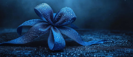 Blue gift box with water drops on dark background. 3d renderingの素材