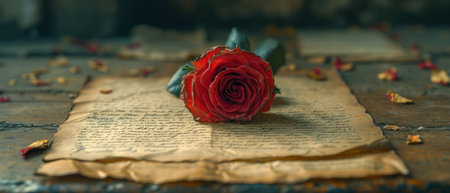 Old book with a red rose on a rustic wooden table.の素材