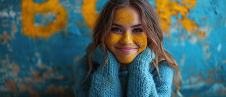 Beautiful girl in a turquoise sweater with a painted face.の素材