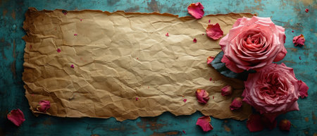 Vintage background with roses and old paper on a blue background.の素材