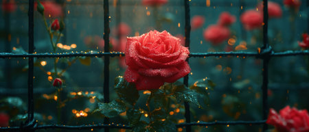 Beautiful red rose on a background of a fence in the gardenの素材