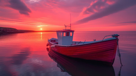 Fishing boat in the sea at sunrise, Baltic Sea, Polandの素材