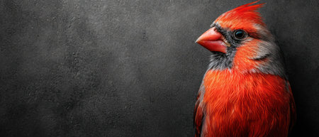 Red cardinal bird on a dark background with copy space for text.の素材