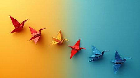 Leadership concept with paper cranes in different colors on blue and orange backgroundの素材