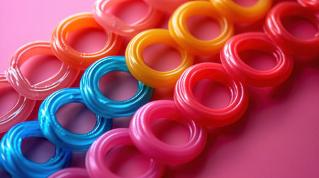 Colorful plastic rings on pink background, closeup. Plastic toyの素材