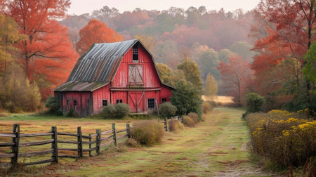 Red Barn with Fall Foliage and Fence in Countrysideの素材