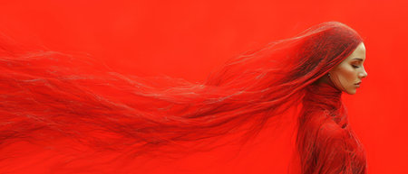 a woman with long red hair blowing in the wind in front of a red background with long hair blowing in the wind in front of a woman's head. .の素材