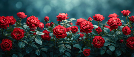Red roses on a blue bokeh background. Beautiful flowers.の素材