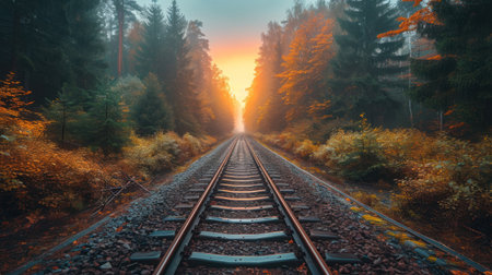 Railway tracks in the autumn forest at sunrise. The concept of travel, tourism and transportの素材