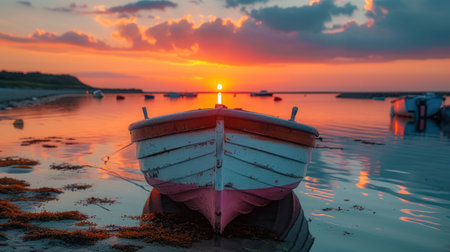 a boat sitting on top of a beach next to a body of water with a sun setting in the sky above the water and a few boats in the water. .の素材