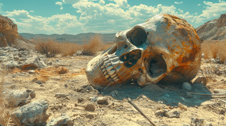 a skull in the middle of a desert with a blue sky and clouds in the background and a few rocks in the foreground and a few bushes in the foreground. .の素材