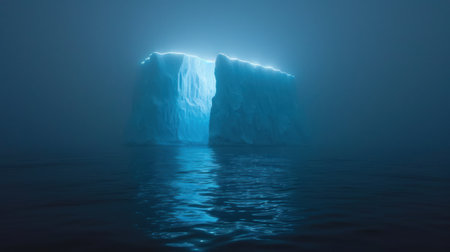 a large iceberg in the middle of a body of water in the middle of a foggy night with a bright light coming from the top of the ice. .の素材