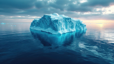 a large iceberg floating in the middle of a body of water with a cloudy sky above it and a few icebergs floating in the middle of the water. .の素材