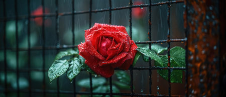 a red rose sitting on top of a piece of metal fence with water droplets on it and a green leaf on the end of the end of the piece of the stem. .の素材