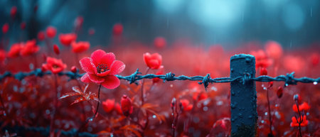 a field full of red flowers with a barbed wire fence in the foreground and a blurry background of red flowers on the other side of the fence, in the foreground. .の素材