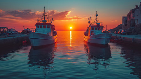 a couple of boats sitting in the middle of a body of water with the sun setting in the middle of the water in the middle of the ocean behind them. .の素材