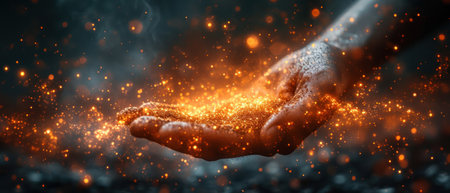 a person is holding out their hand with a lot of fire in the middle of the image and a lot of dust in the middle of the image, with a blurry background. .の素材