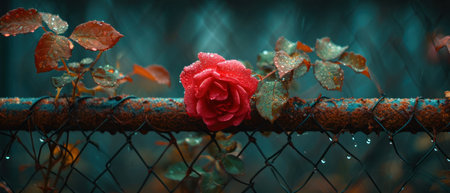 a red rose sitting on top of a metal fence next to a chain link fence with water droplets on the top of the fence and leaves on the top of the fence. .の素材