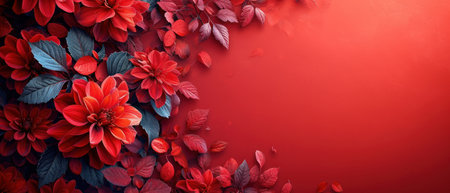 a red background with a bunch of red flowers on the bottom of the image and a few green leaves on the bottom of the image on the bottom of the image. .の素材