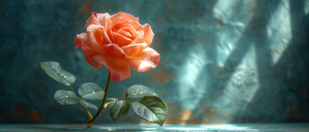 a single orange rose sitting on top of a table next to a green leafy plant with water droplets on itâs petals and a blue wall in the background. .の素材