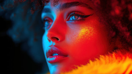 a close up of a woman's face with red and blue light coming out of her eyes and a yellow feather around her neck, with a black background. .の素材