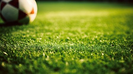 Soccer ball on green grass with copy space. Football field background.の素材