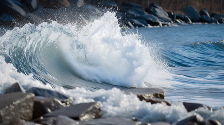 Big wave breaking on the rocks in the sea. Close-up.の素材