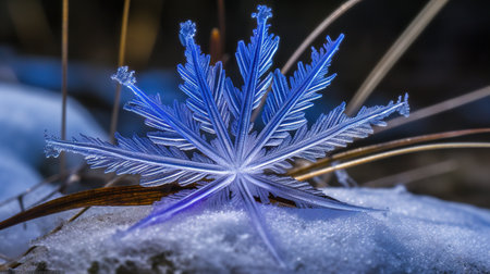Snowflake on the snow in the winter forest. Macro photo.の素材