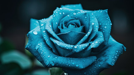 Beautiful blue rose with dew drops close-up on dark backgroundの素材