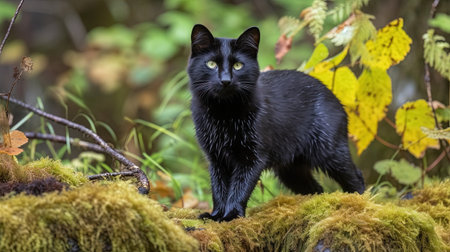 Black cat standing on a mossy rock in the autumn forest.の素材