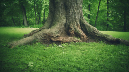 Old tree in the green forest - vintage retro effect style picture.の素材
