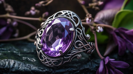 Wedding ring with purple amethyst on dark stone background.の素材