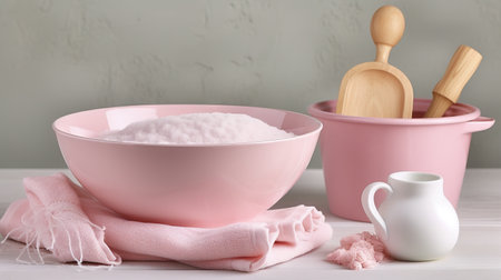 Bowls with baking soda on white wooden table, closeupの素材