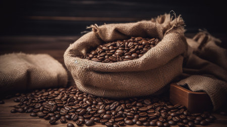 Coffee beans in burlap sack on wooden table background.の素材