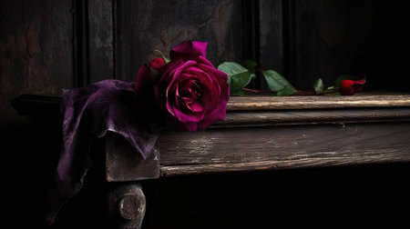 Roses on a wooden shelf. Dark background. Selective focus.の素材