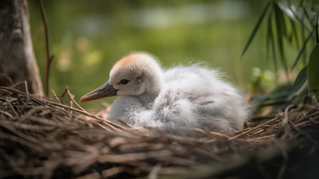 Young baby cygnet in the nest on the nature background.の素材