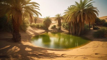 Oasis in the desert with palm trees and pond. 3d renderingの素材