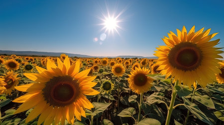 Sunflower field with sunflowers and blue sky at sunset.の素材