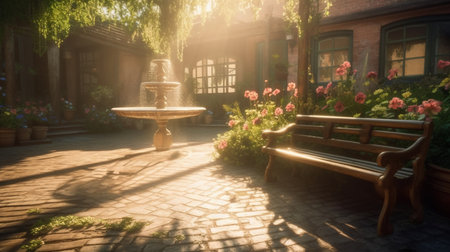 Fountain in the courtyard of a house in the rays of the setting sunの素材