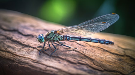 Dragonfly on a tree branch in the forest. Close-upの素材