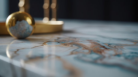 Close-up shot of a marble table with a golden ball in the foregroundの素材